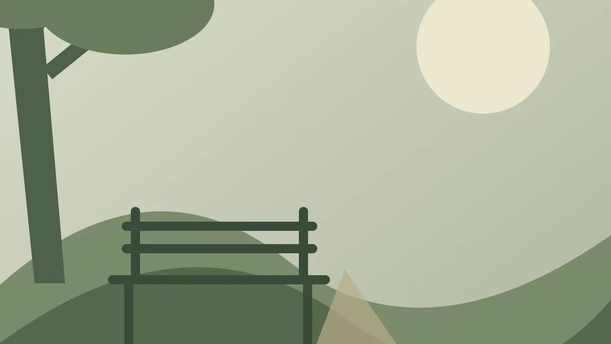 An original illustration of an empty bench beneath a tree, overlooking a quiet green landscape.