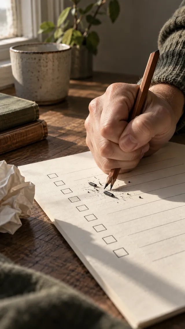 A hand holding a broken pencil above a handwritten checklist.