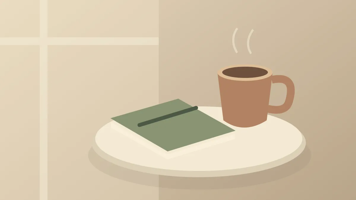 An original illustration of a notebook, a pencil and a warm cup on a table in morning light.
