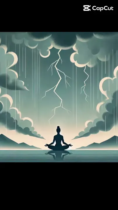 An illustrated figure meditating beneath storm clouds and lightning.