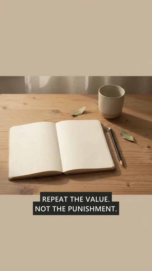 An open notebook and pencil in warm light with the words repeat the value, not the punishment.